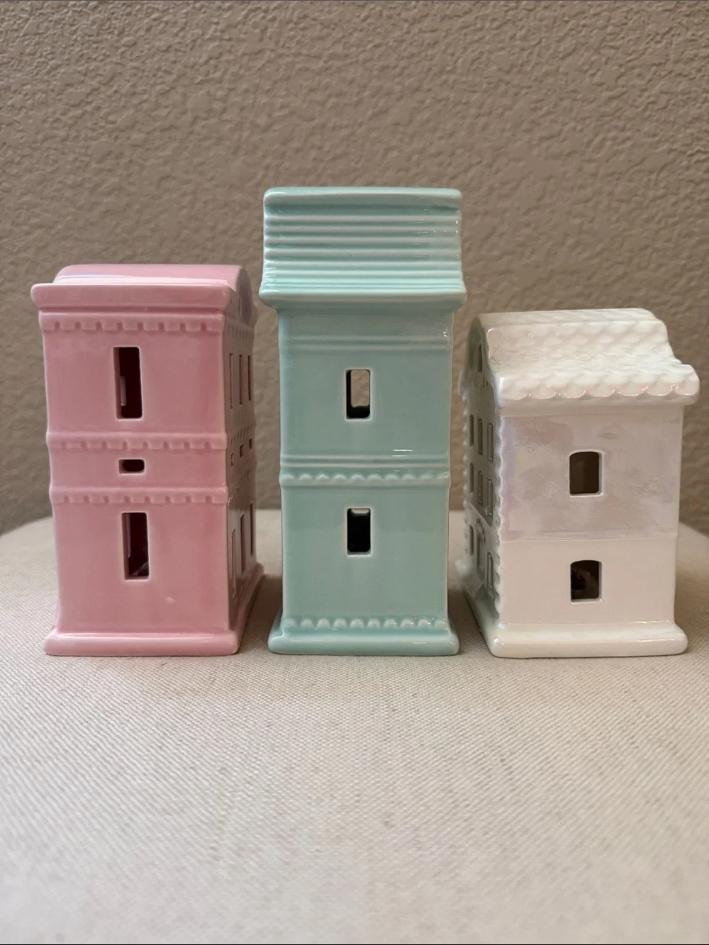 Set-of-3 Ceramic Light-up Village Pieces, 4.5”-6.25” high, bottom on/off switch